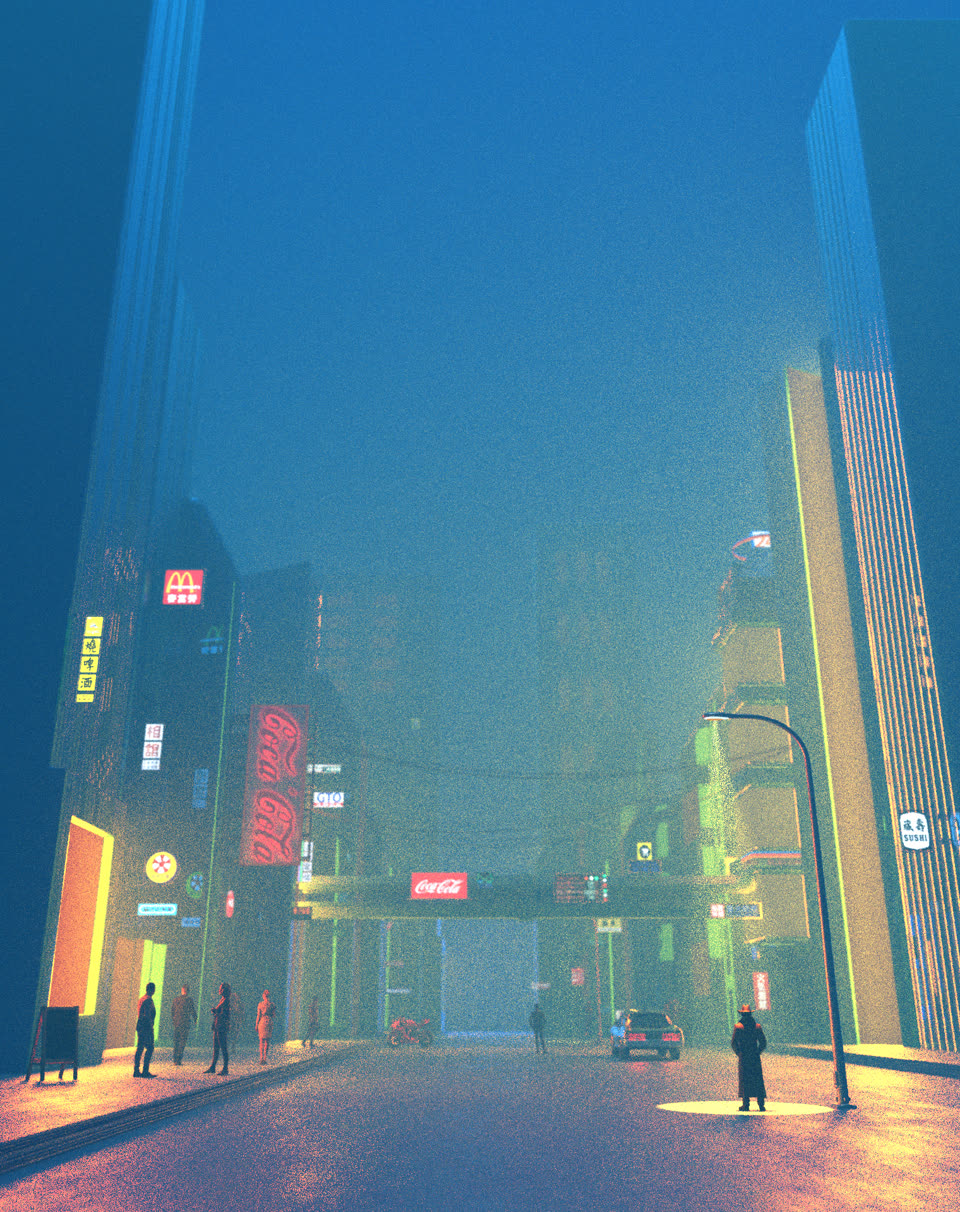 蓝色霓虹都市街景